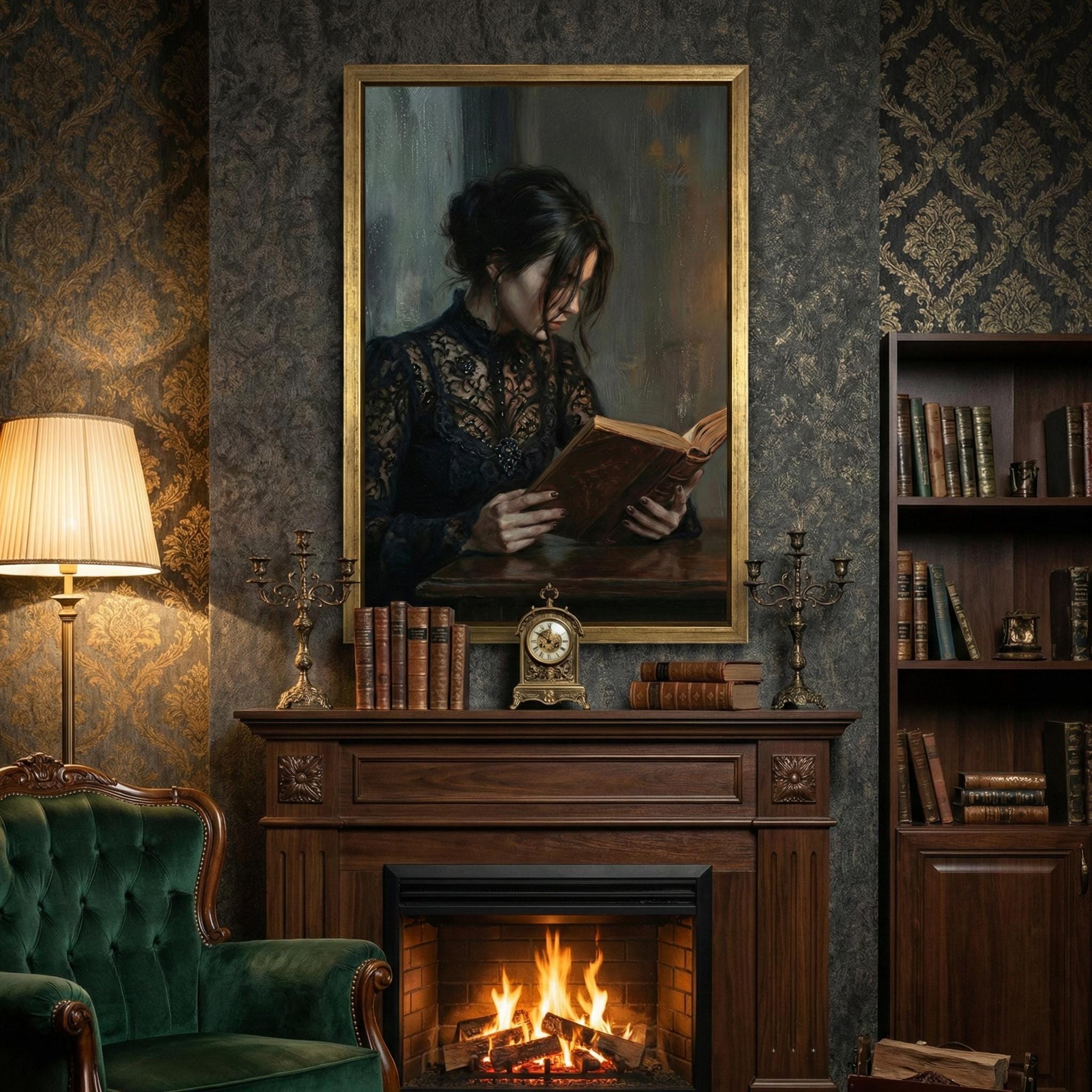 Moody Woman Reading Art - Dark Academia, Candlelit Gothic Scene