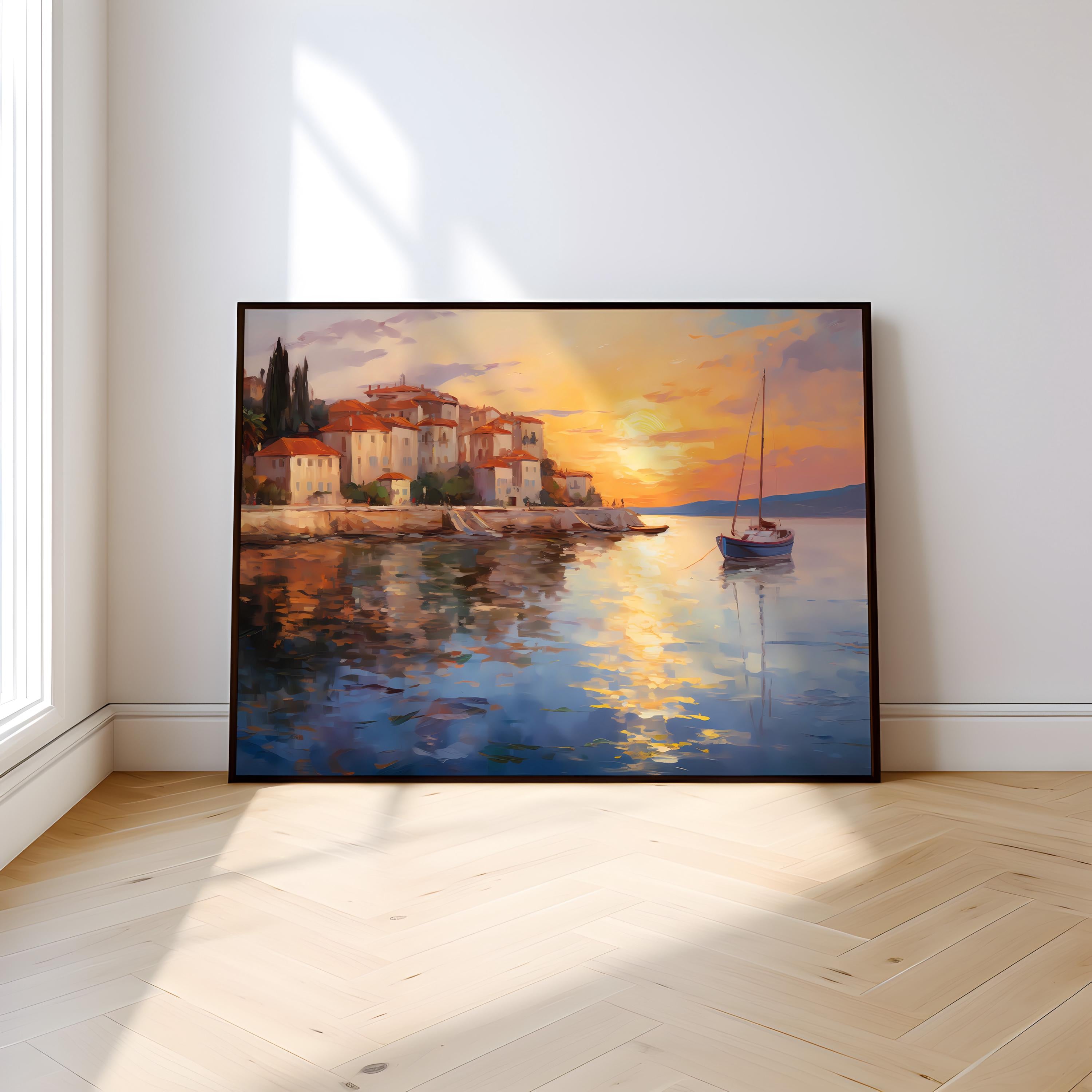 Sunset Harbor: Impressionist Italian Seaside Village Art | Vibrant Mediterranean Decor