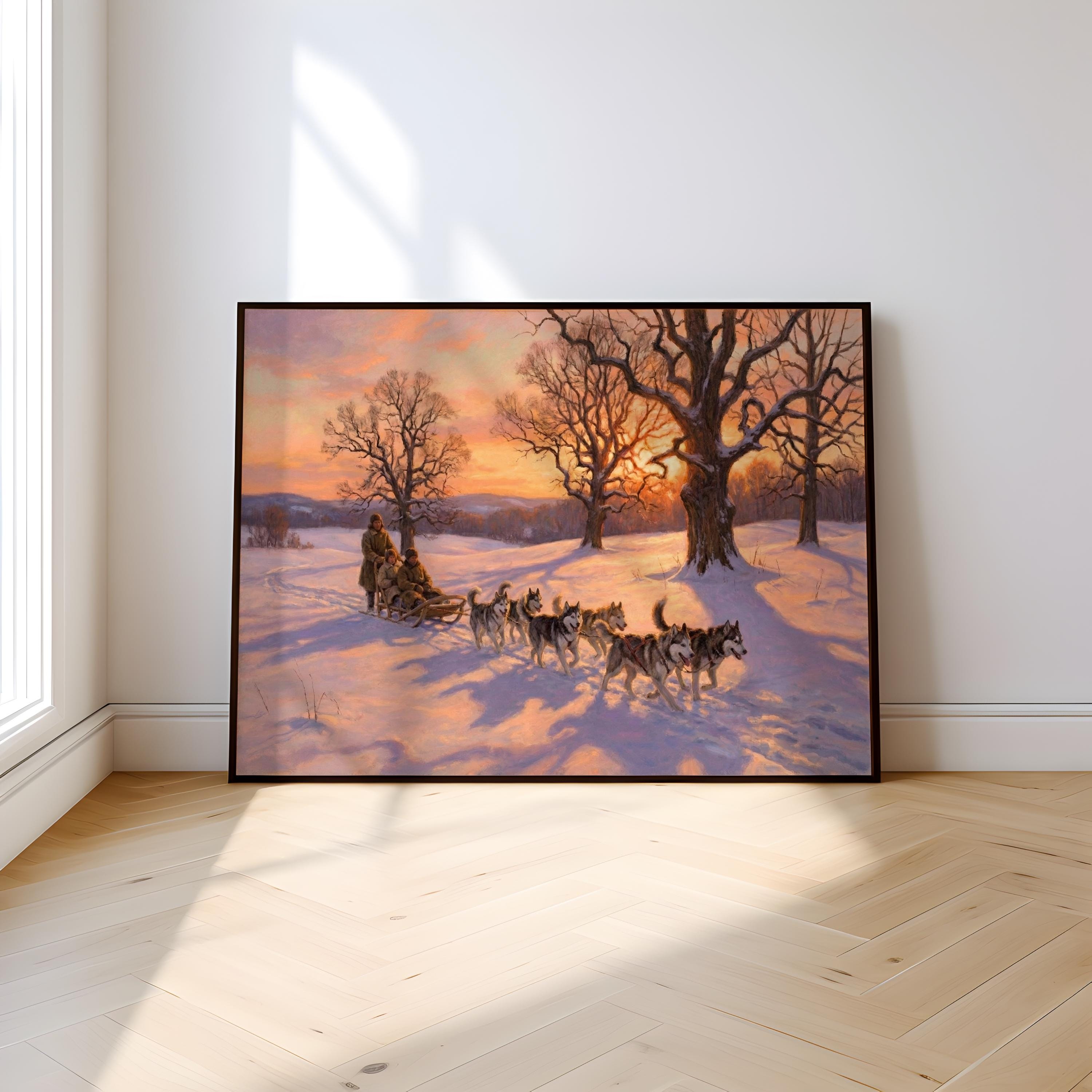 Winter Sledding Art: Husky Team in Snow (Canvas or Paper Prints)