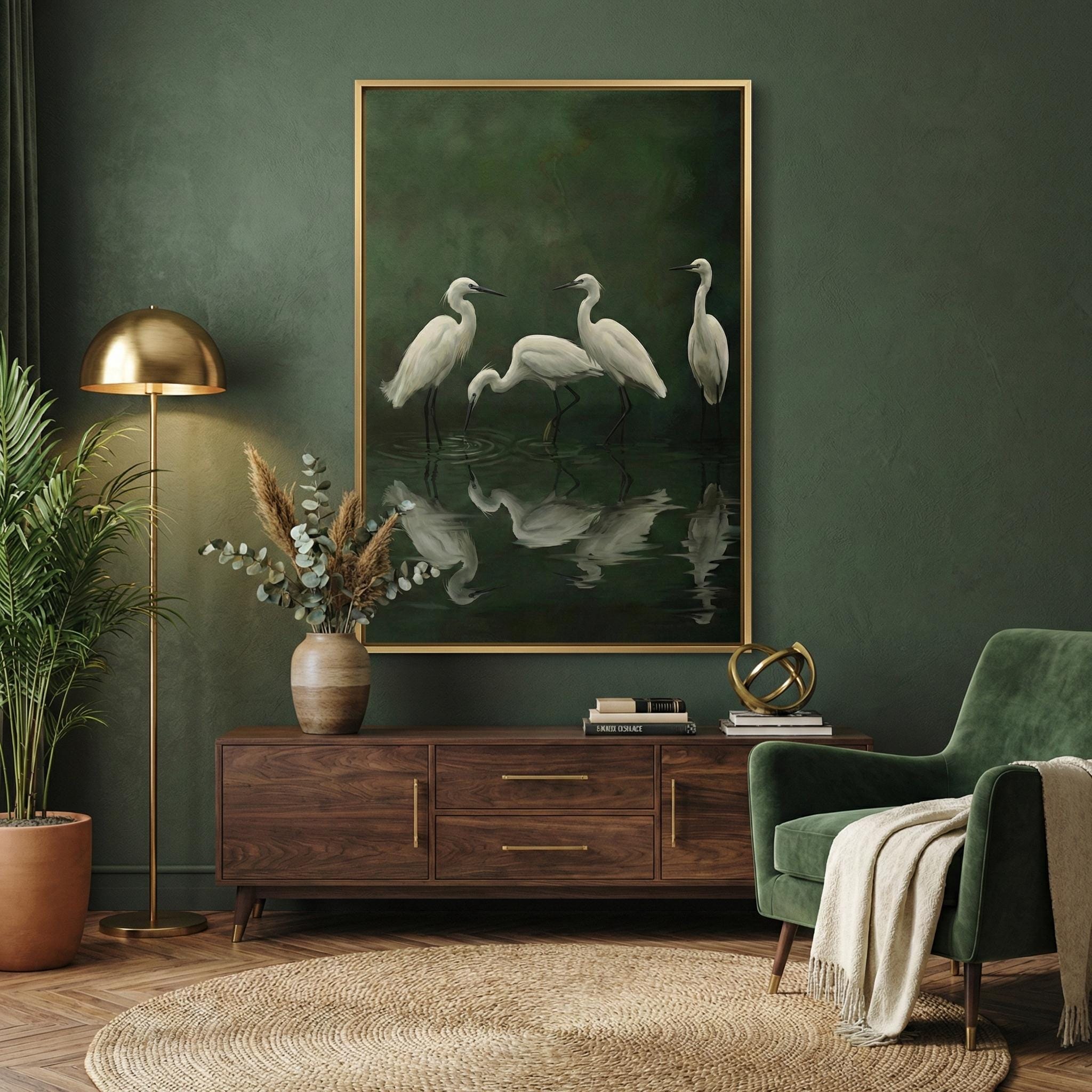Nature Canvas Art, White Egret and Heron, Moody Green Swamp (Framed or Rolled)