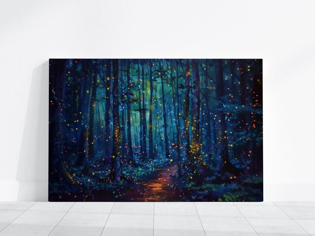 Enchanted Forest Wall Art: Glowing Fireflies, Night Path