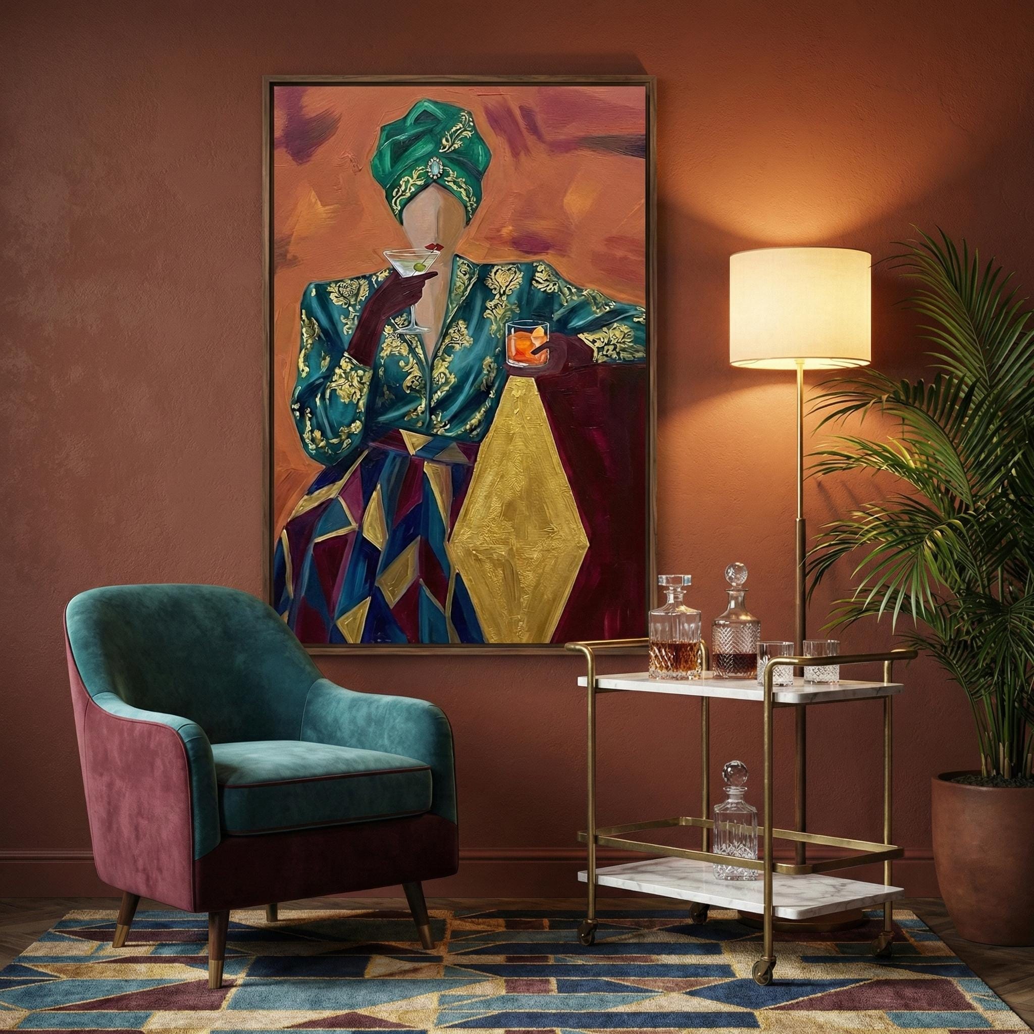 Emerald Turban Cocktail Woman Art - Abstract Vintage Style Print