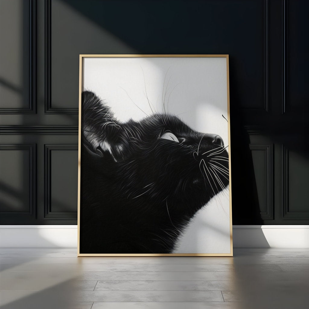 The Gentle Moment: Black Cat and Butterfly Pencil Sketch | Whimsical Monochrome Wall Art
