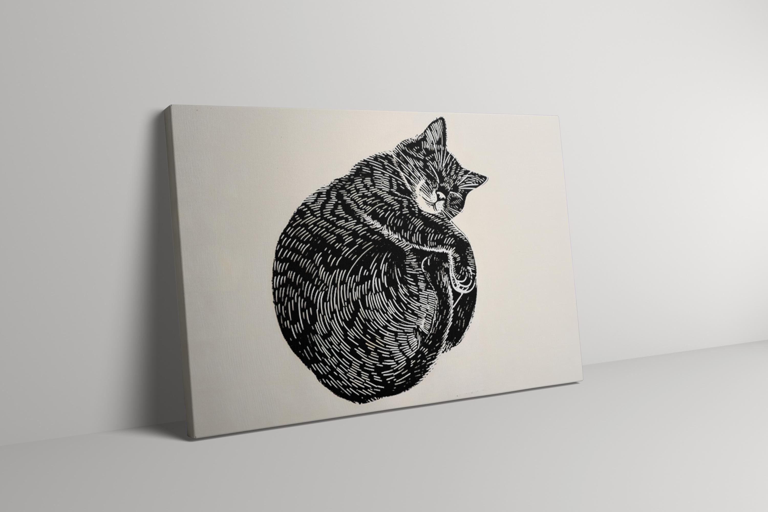 Peaceful Cat Nap: Whimsical Linocut Art Print | Cozy & Serene Wall Decor for Cat Lovers