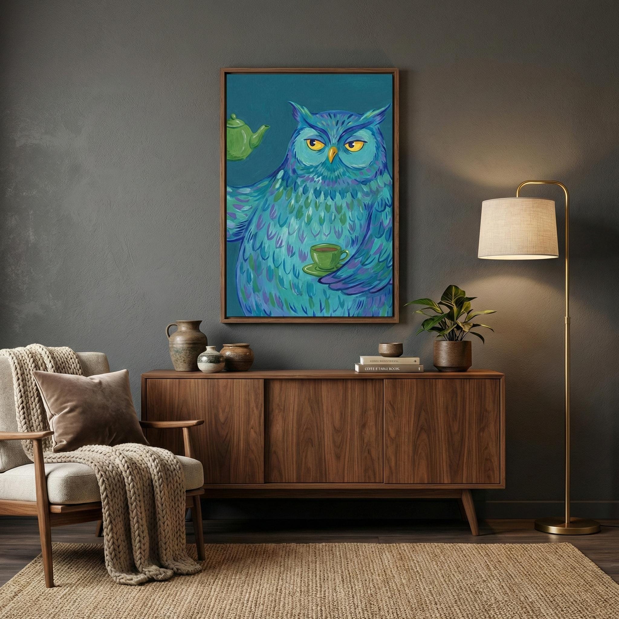 Funny Blue Owl Art Print: Whimsical Tea Time Kitchen Decor