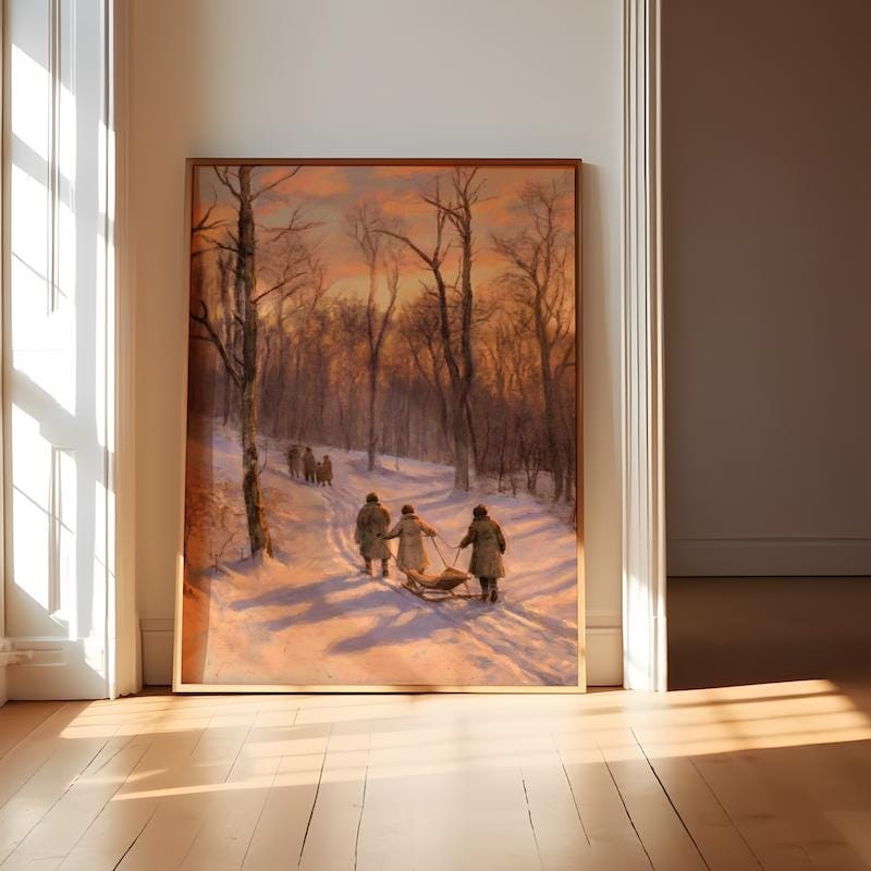 Winter Sunset Canvas, Snowy Forest Landscape (Rustic Holiday Wall Art)