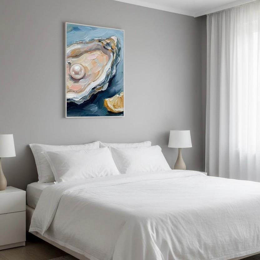 a serene bedroom scene with a large bed, white bedding, and a framed painting of an oyster shell with a pearl hanging on the wall above it.
