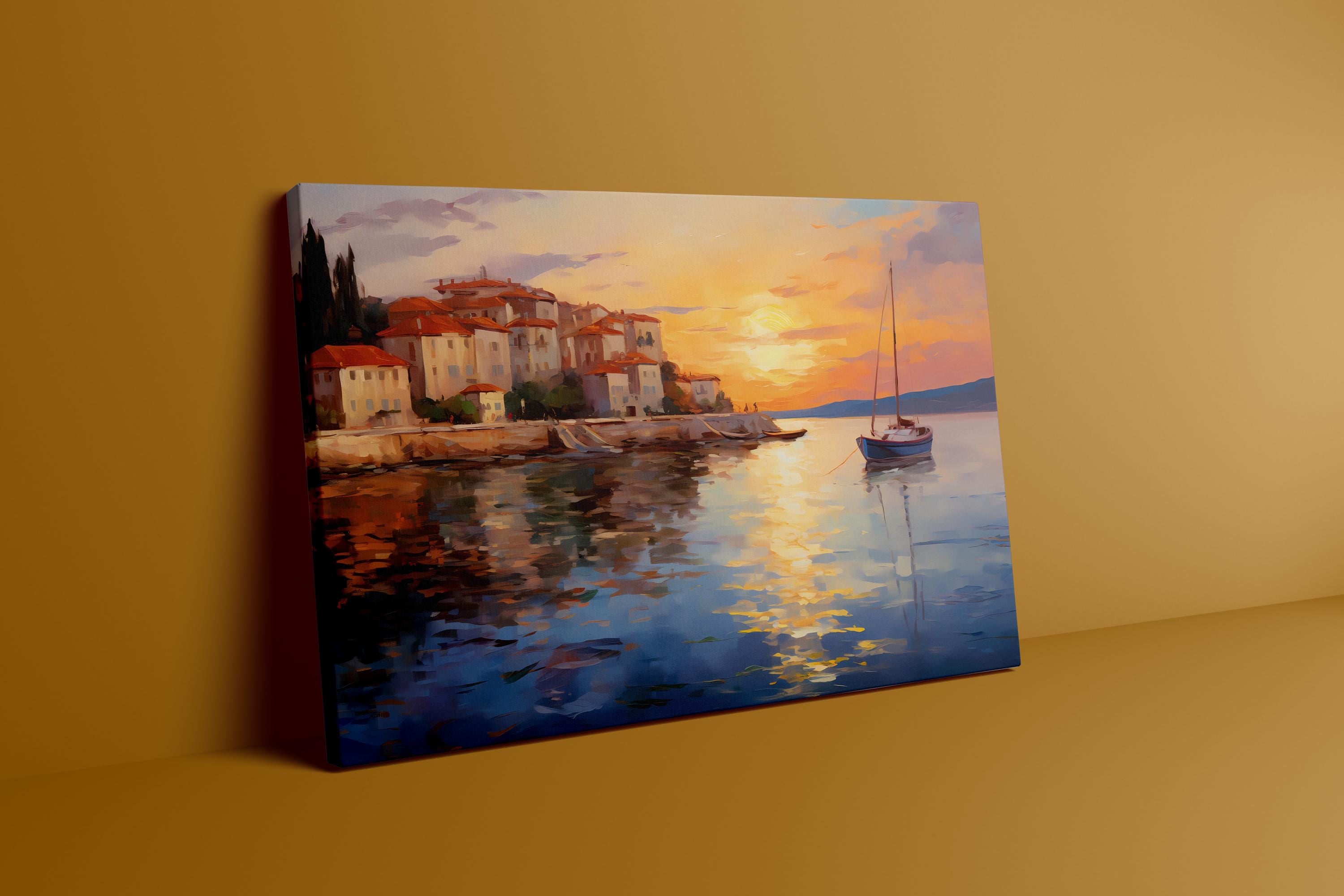 Sunset Harbor: Impressionist Italian Seaside Village Art | Vibrant Mediterranean Decor