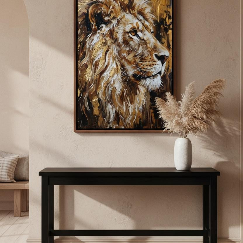 a large painting of a lion's head hanging on a wall above a black console table.
