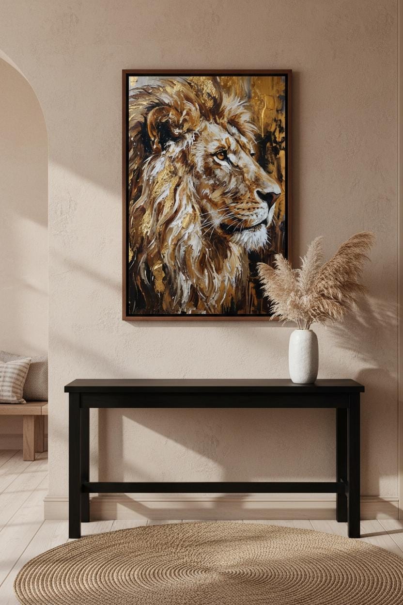 a large painting of a lion's head hanging on a wall above a black console table.
