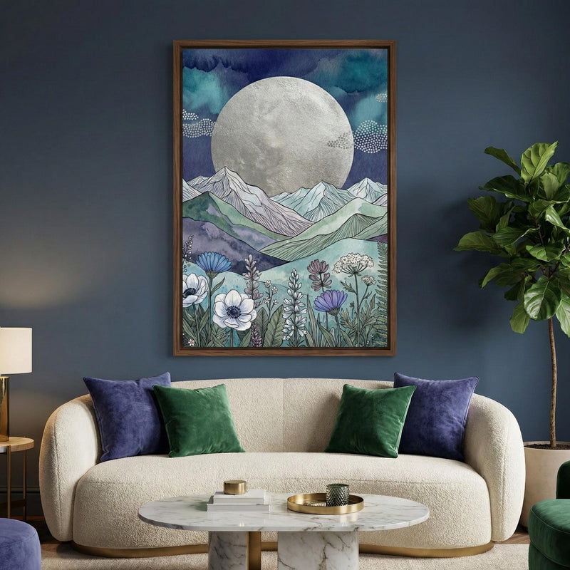 Stag Nature Illustration: Purple Night Sky and Wildflowers (Framed or Canvas)