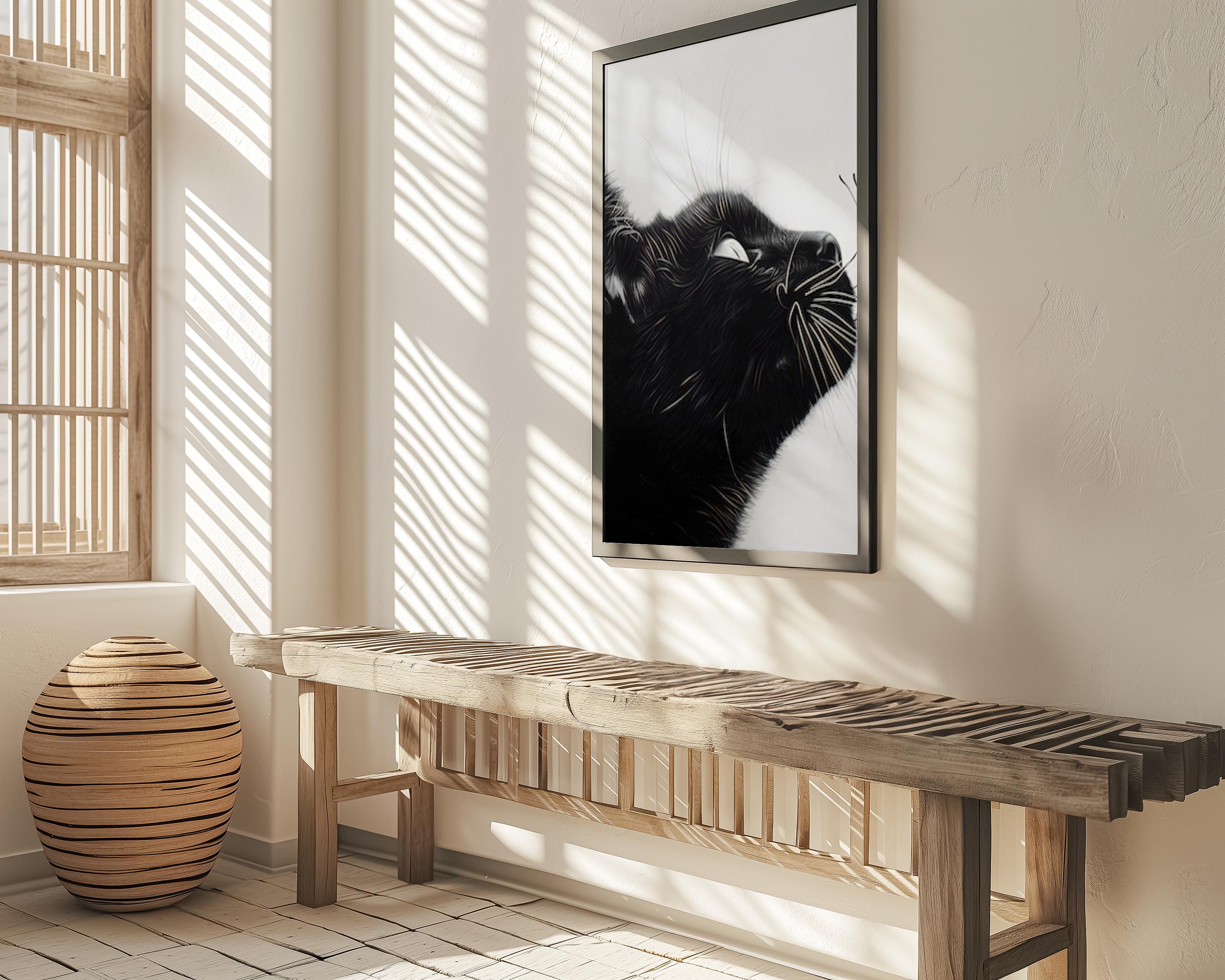 The Gentle Moment: Black Cat and Butterfly Pencil Sketch | Whimsical Monochrome Wall Art