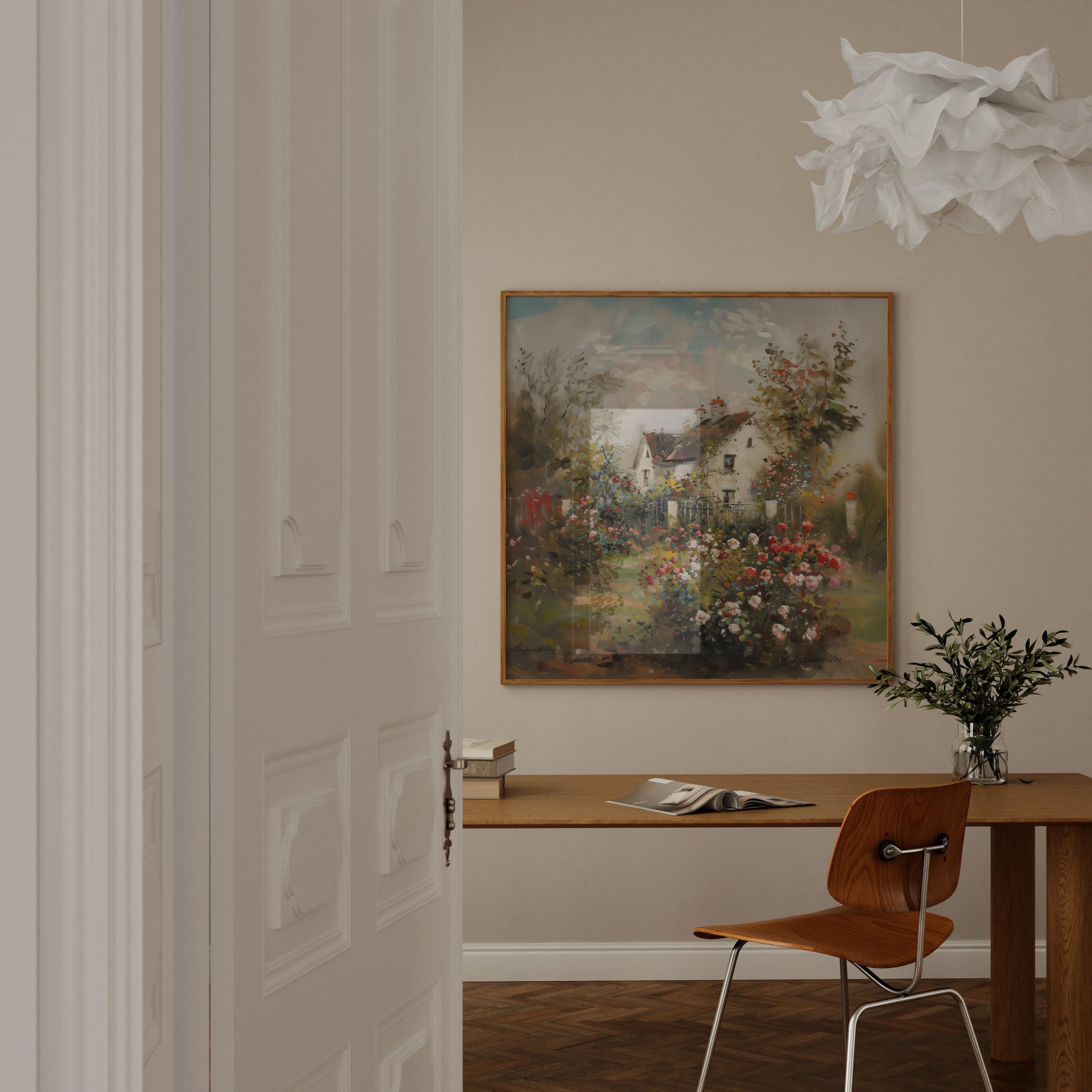 Vintage Cottage Rose Garden Art Print | Nostalgic & Tranquil Floral Wall Decor