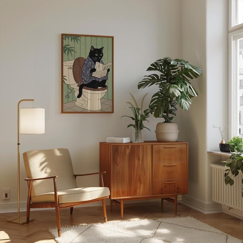 Japanese Style Black Cat Print, Toilet Humor (Canvas or Paper)