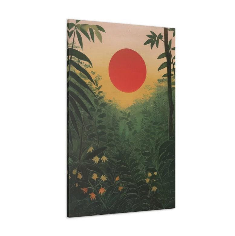 Tropical Forest Print: Red Sun Sunrise Landscape (Canvas or Framed)