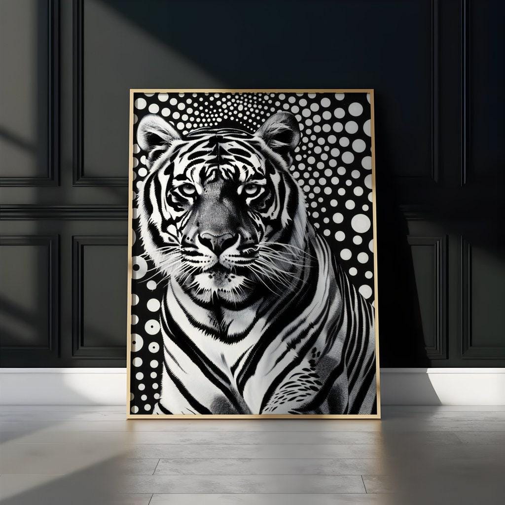 Intense Tiger Gaze: Bold Black & White Wildlife Art | Modern Surreal Animal Portrait Decor