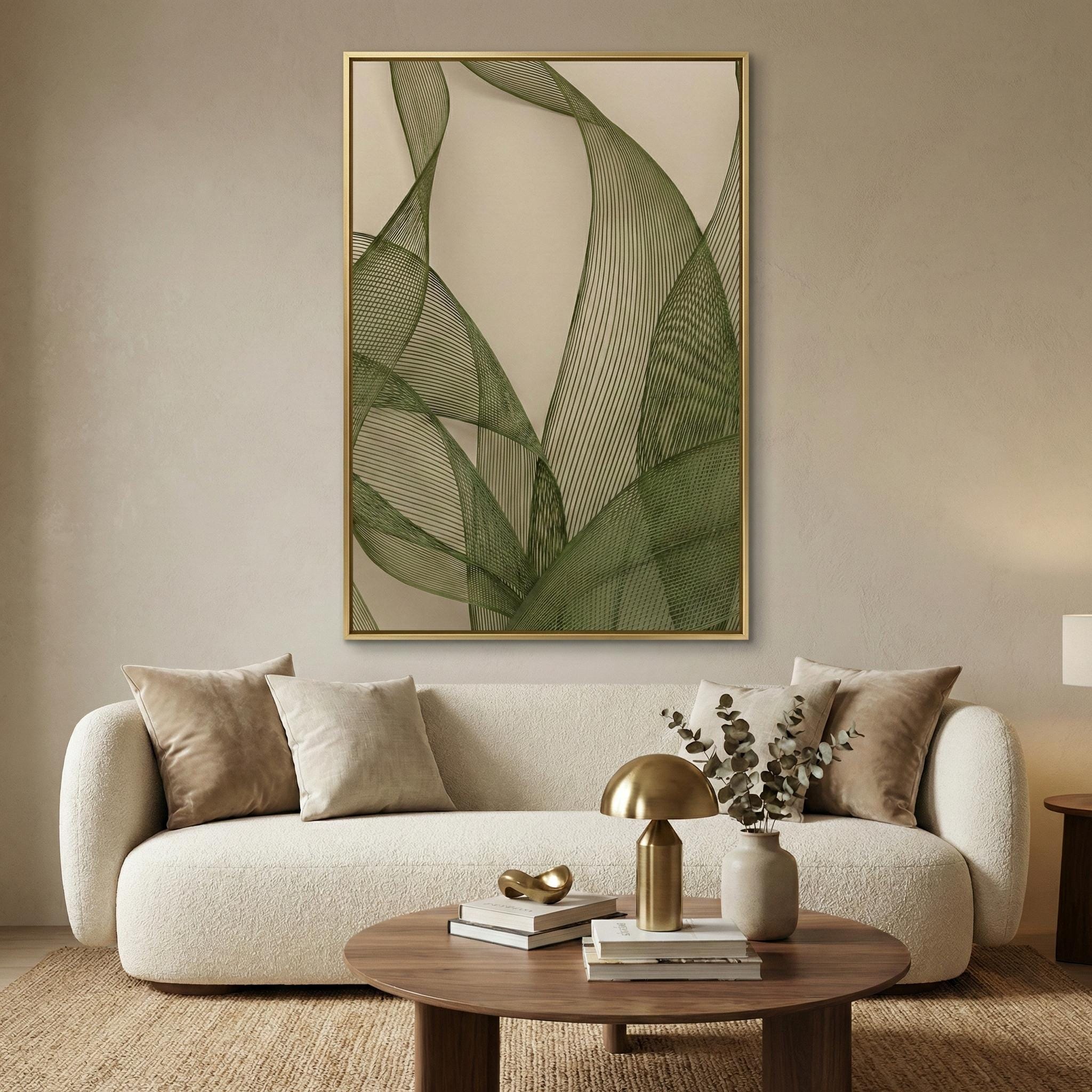 Abstract Olive Green Wall Art: Modern Sage and Beige Mesh Print