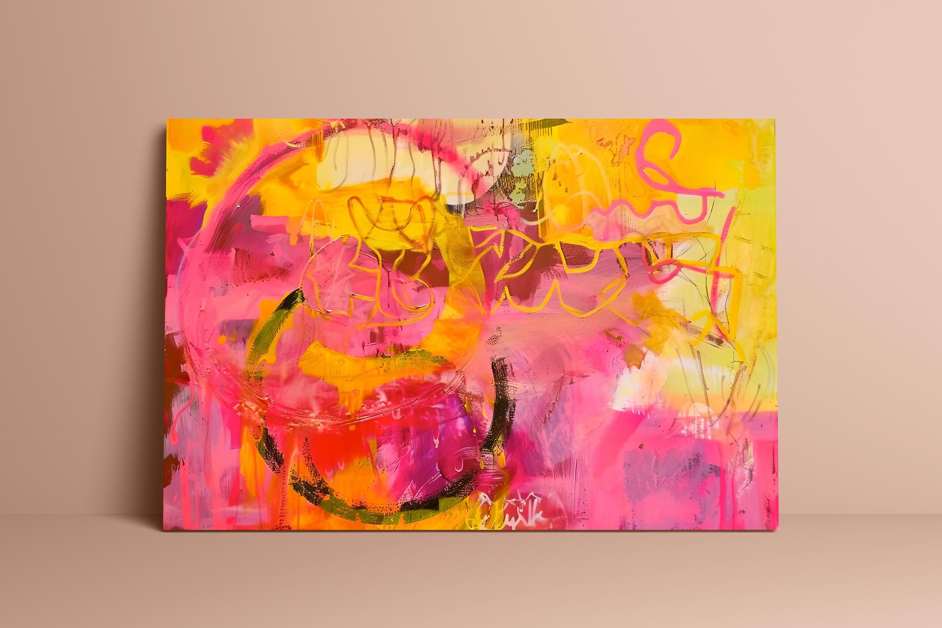 Modern Abstract Painting, Pink and Yellow Bold Brushstrokes (Canvas Print)