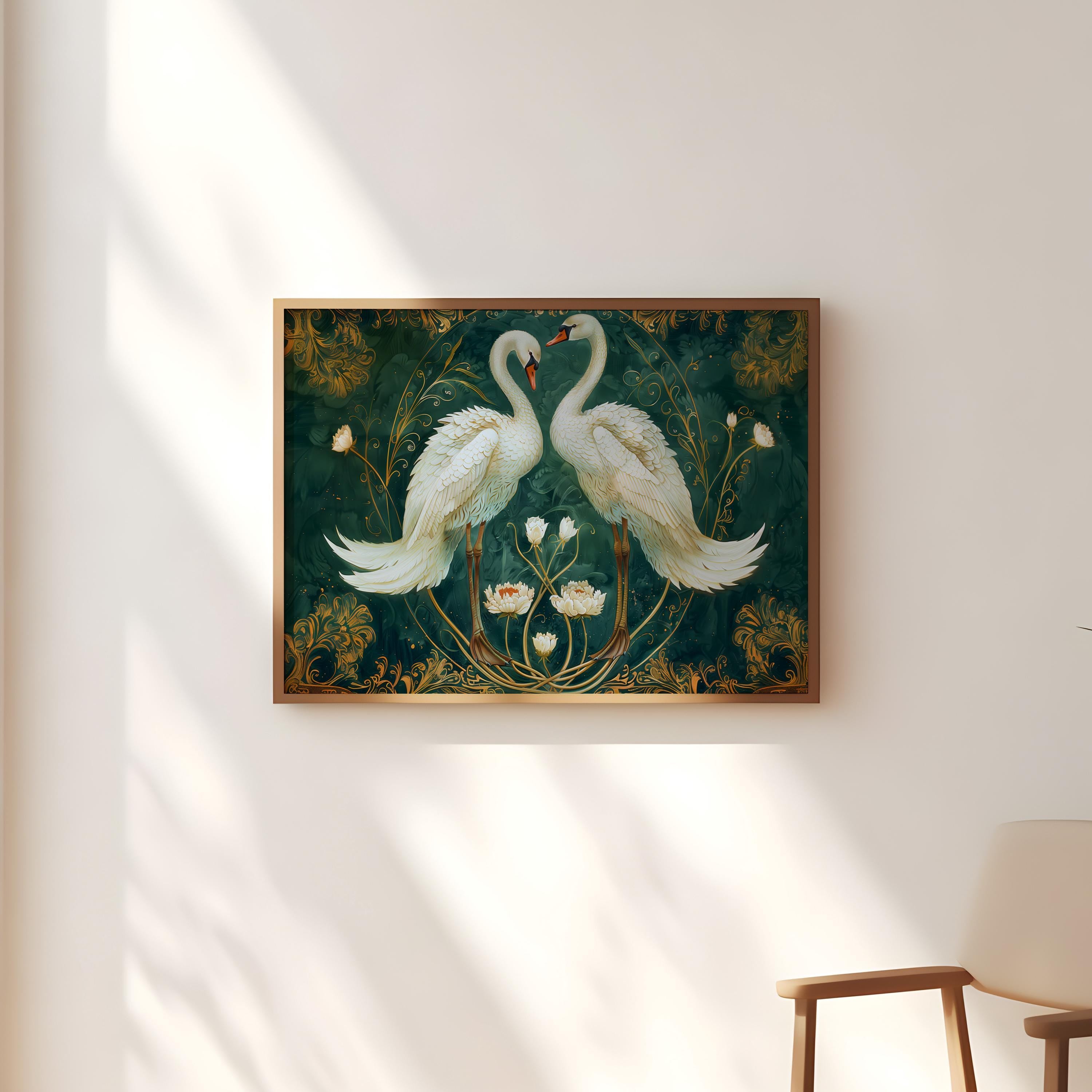 The Lovers: Vintage White Swans in Emerald & Gold | Elegant & Romantic Wall Art