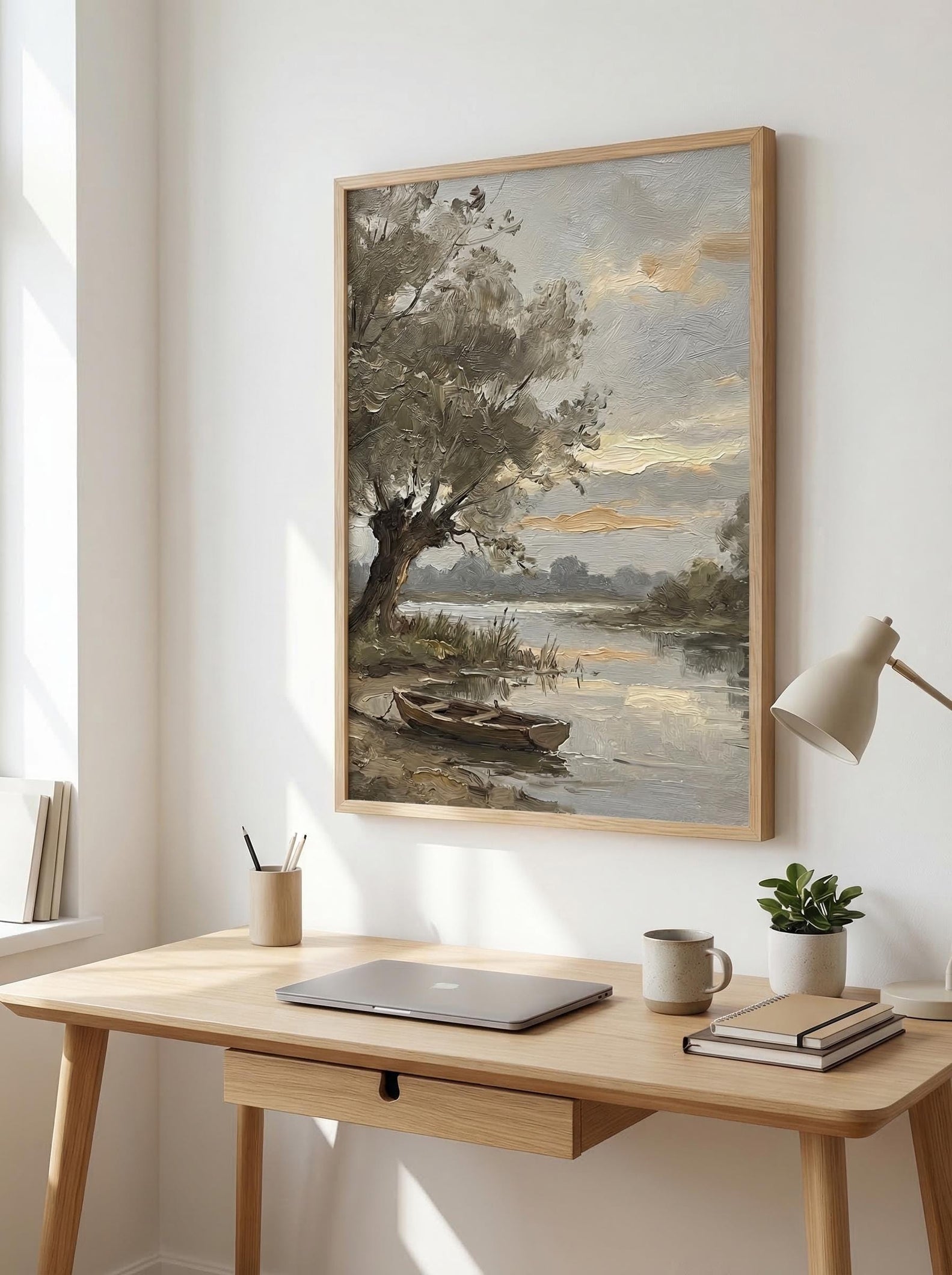 Vintage River Landscape Painting Moody Tree Art Rustic Rowboat Farmhouse Decor Framed Canvas Print