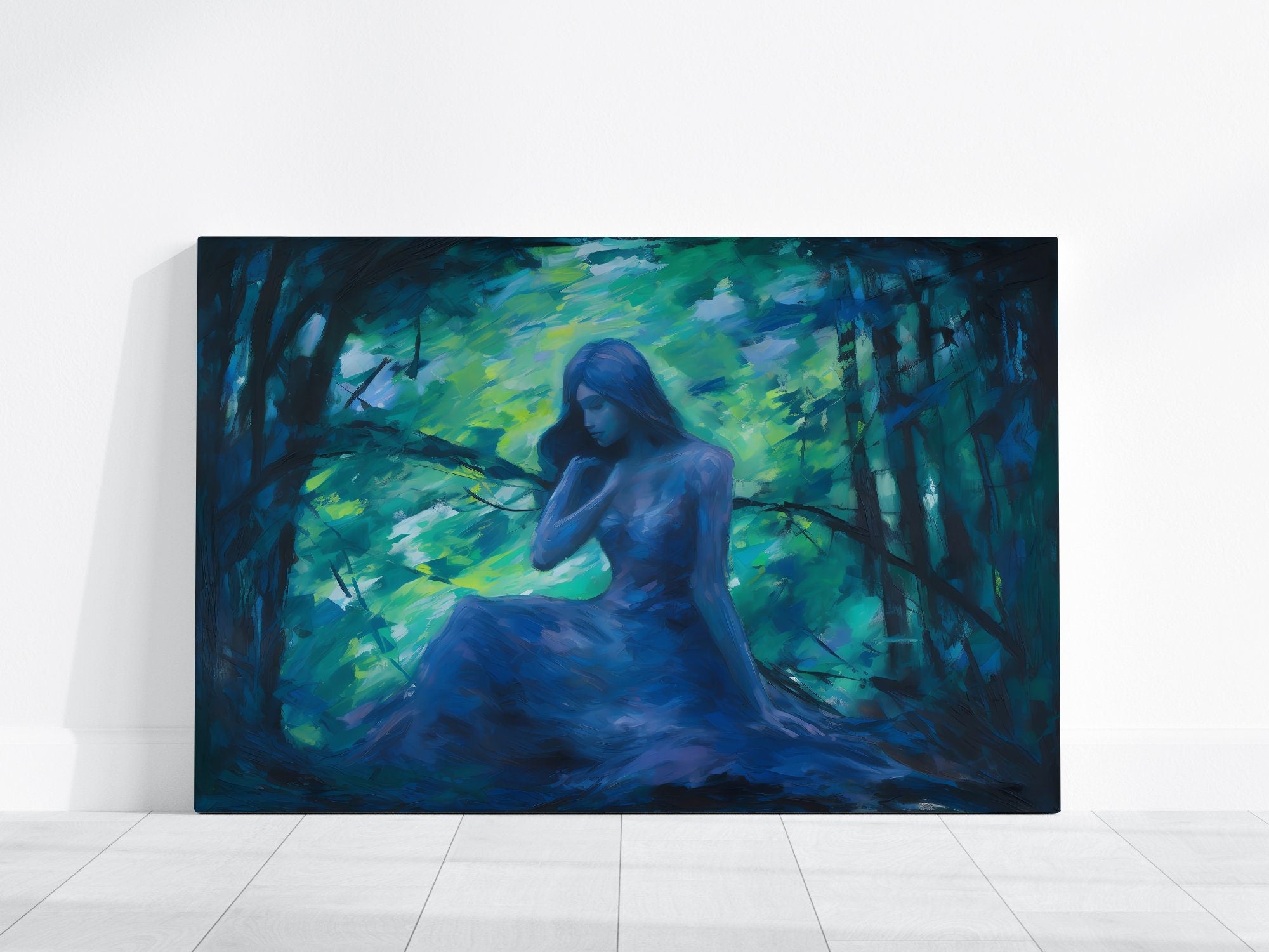 Emerald Forest Whispers: Mystical Impressionist Art Print | Ethereal Blue & Green Framed Wall Decor