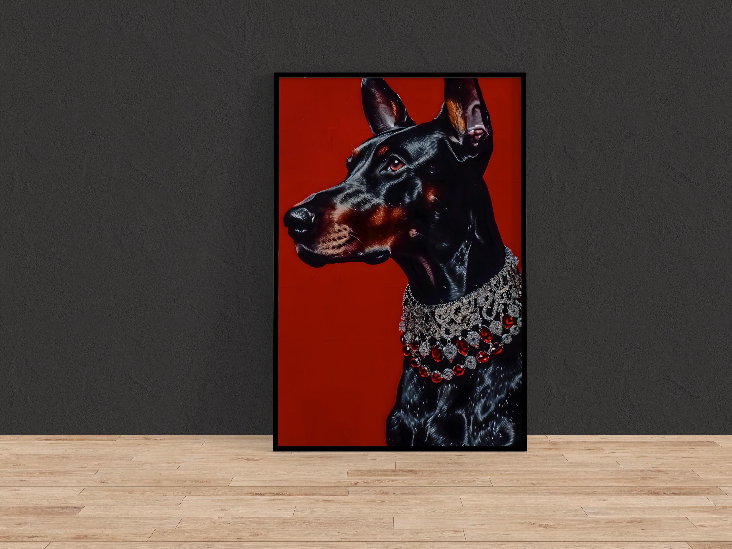 The Guardian: Black Doberman Pinscher Portrait with Red Gem Collar | Regal & Elegant Dog Art
