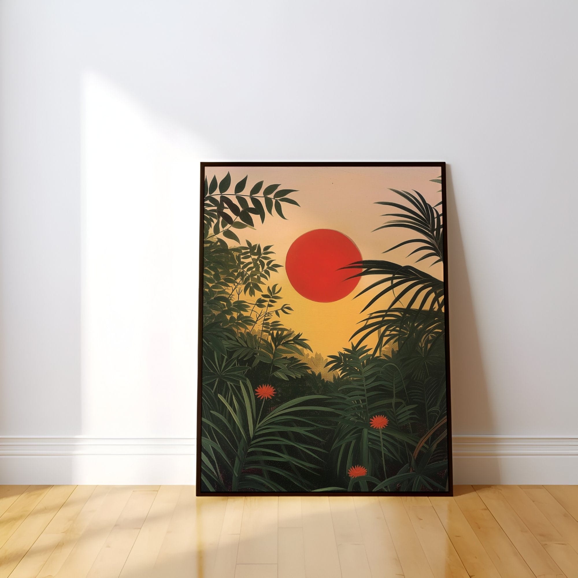 Tropical Forest Wall Art: Henri Rousseau Inspired Red Sun Sunrise