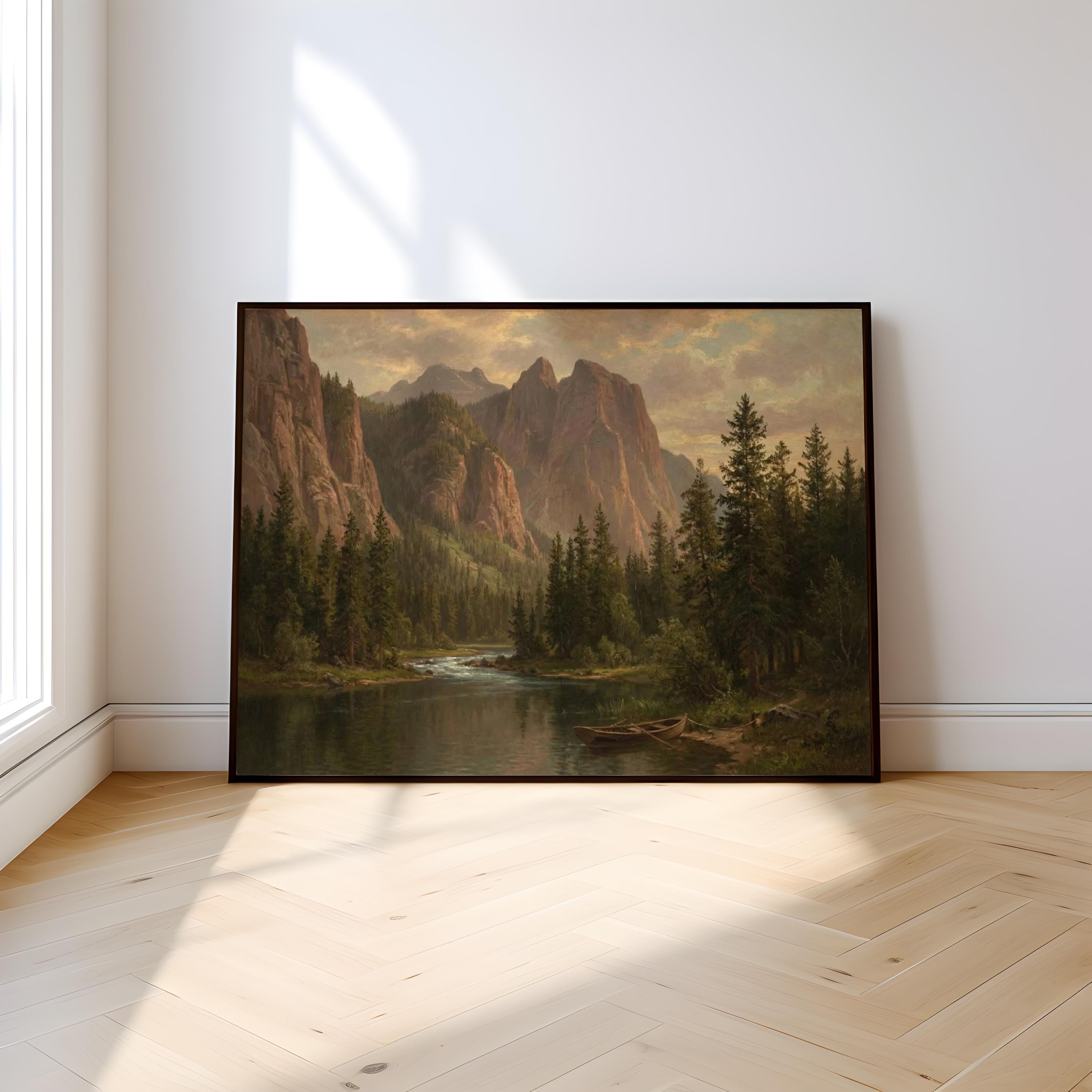 Vintage Mountain Lake Art: Rustic Cabin Landscape in Warm Earth Tones