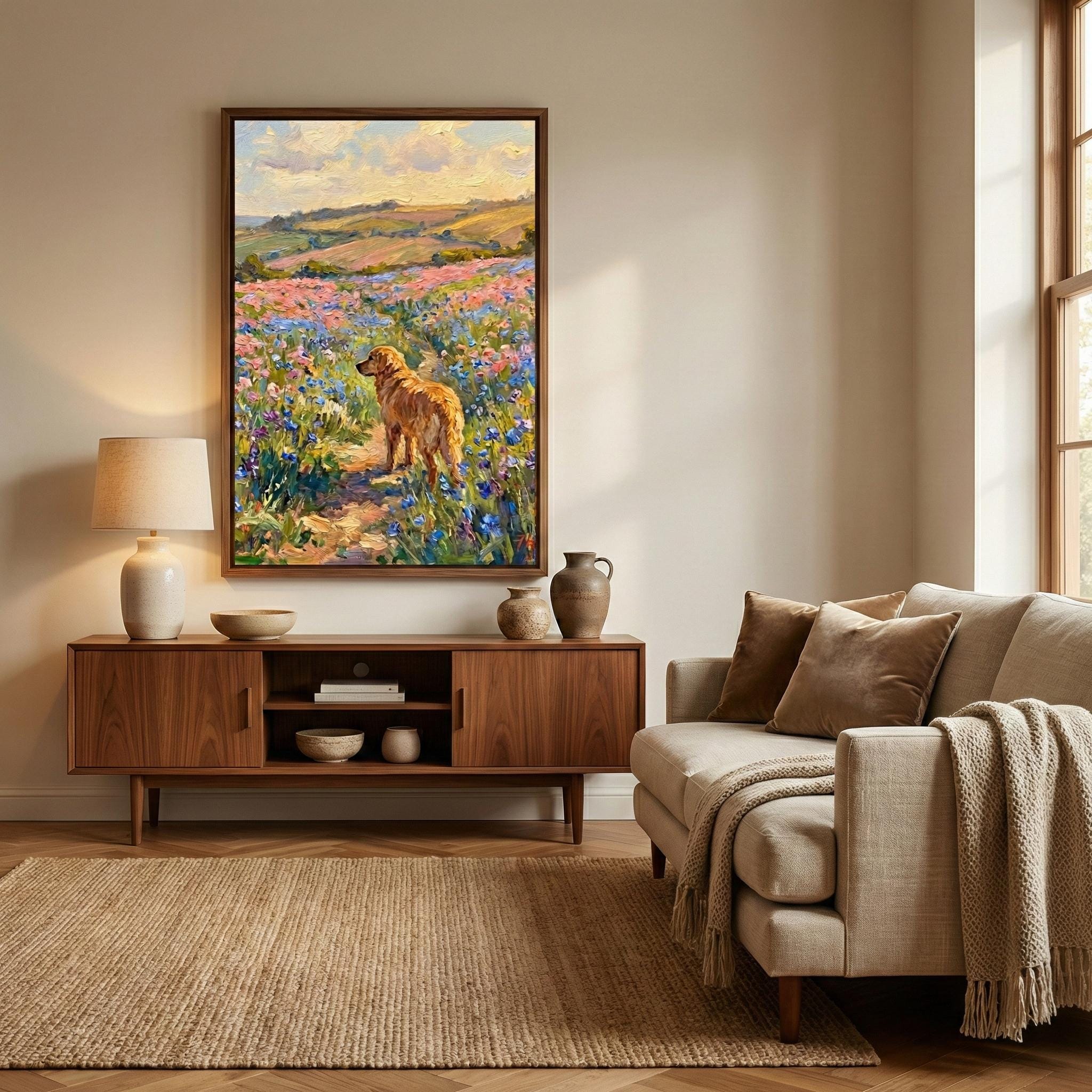 Golden Retriever Dog Art, Wildflower Field, Spring Colors (Canvas or Print)