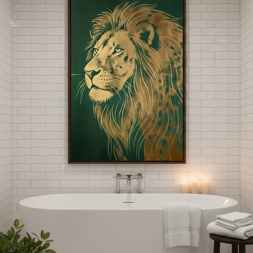 Art Deco Lion Print – Gold Foil Wall Art With Regal Green Decor & Metallic Accents