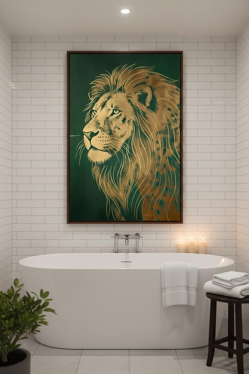 Art Deco Lion Print – Gold Foil Wall Art With Regal Green Decor & Metallic Accents