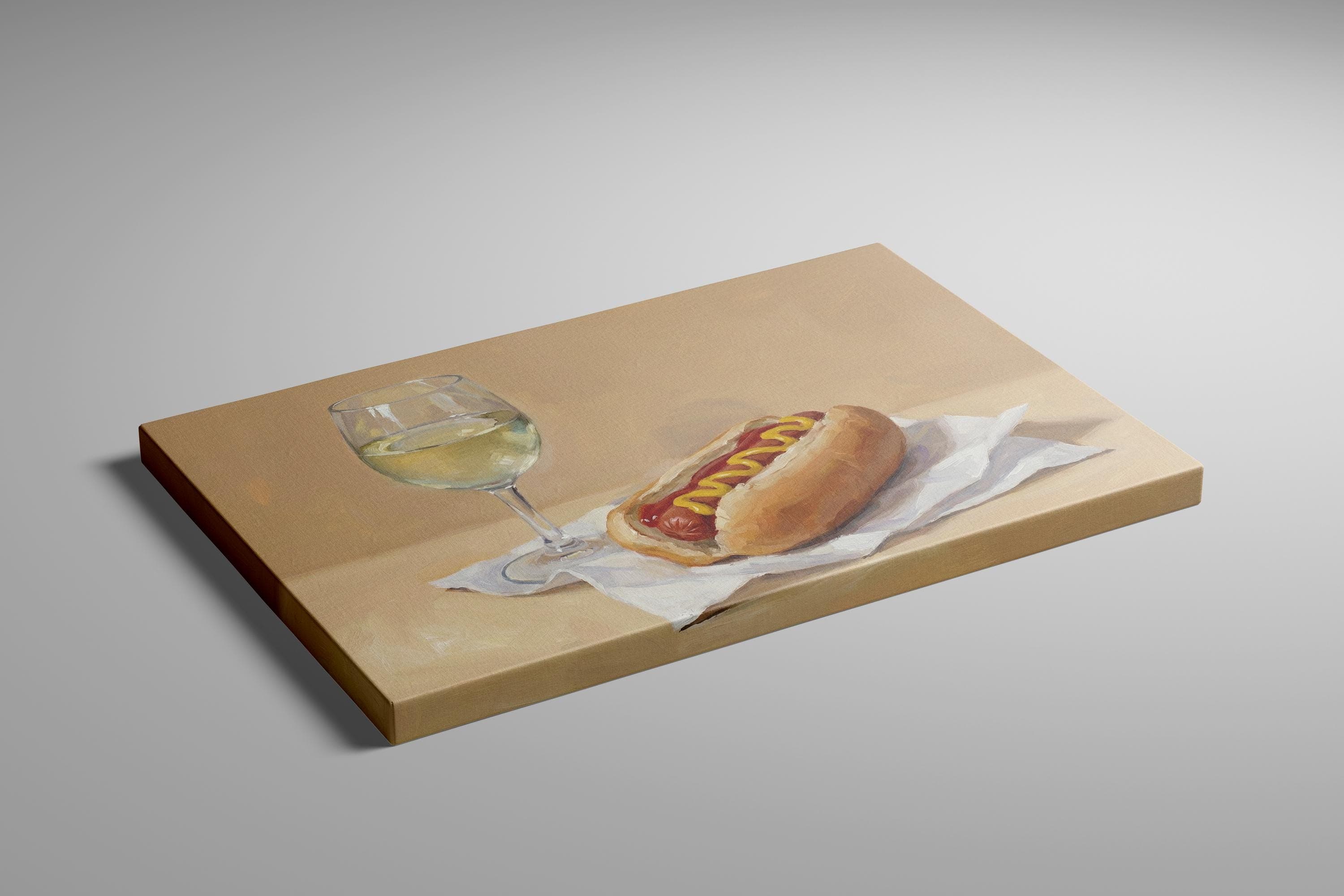 Hot Dog and Wine Wall Art: Funny Food Painting - Kitchen Decor