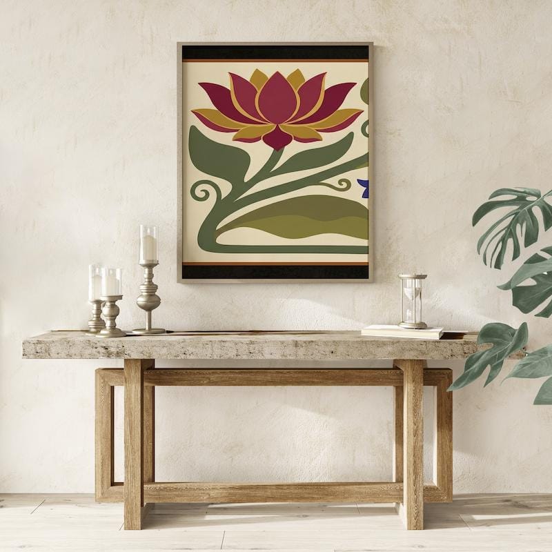 Floral Wall Art Print: Red Lotus and Bluebell - Arts & Crafts Style