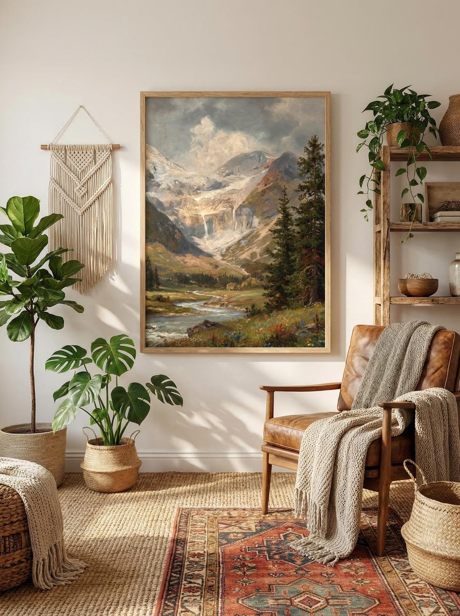 Vintage Alpine Mountain Landscape Painting Snowy Peak River Wildflower Art Rustic Cabin Wall Decor