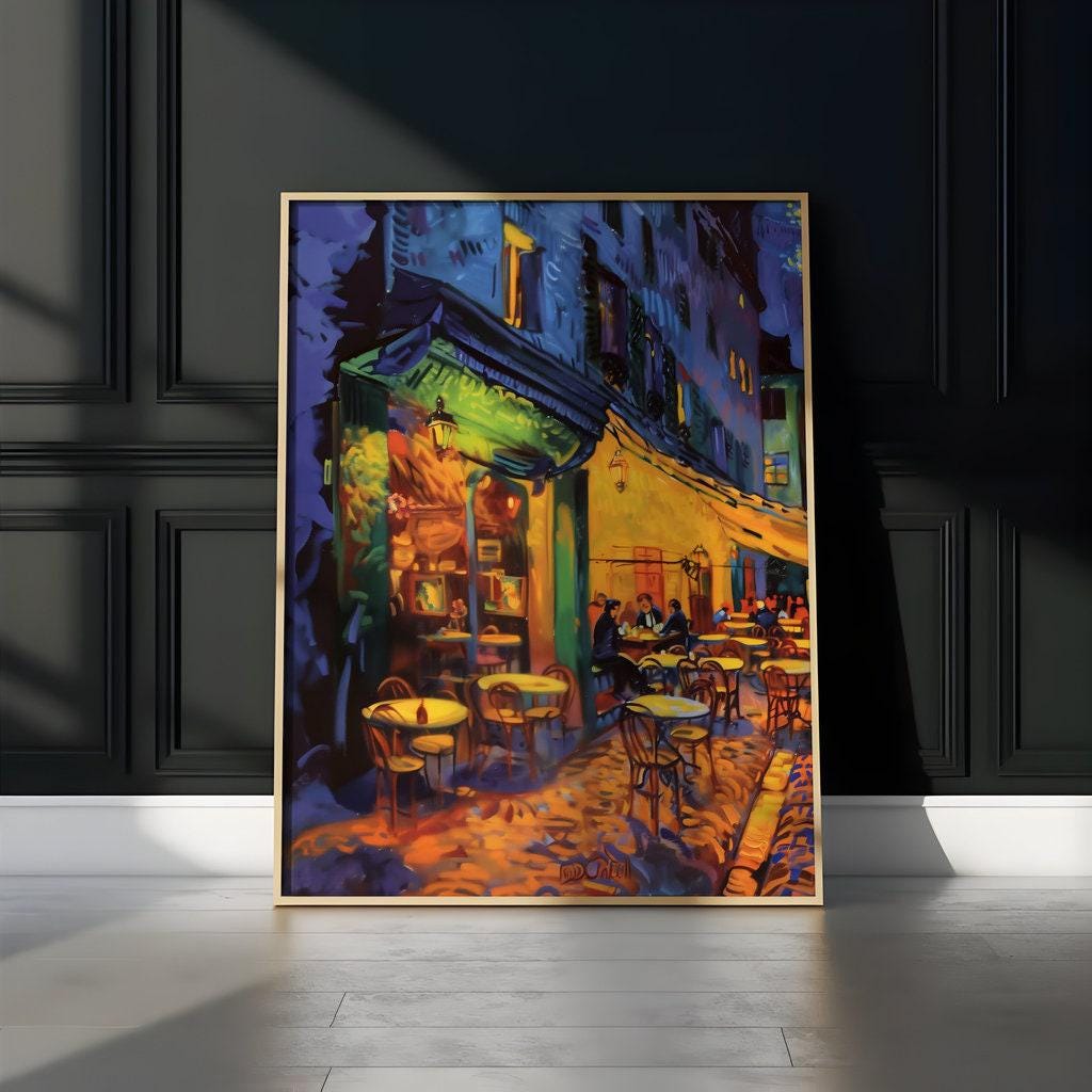 The Starry Night Cafe: Vibrant European Street Scene | Whimsical & Romantic Wall Art