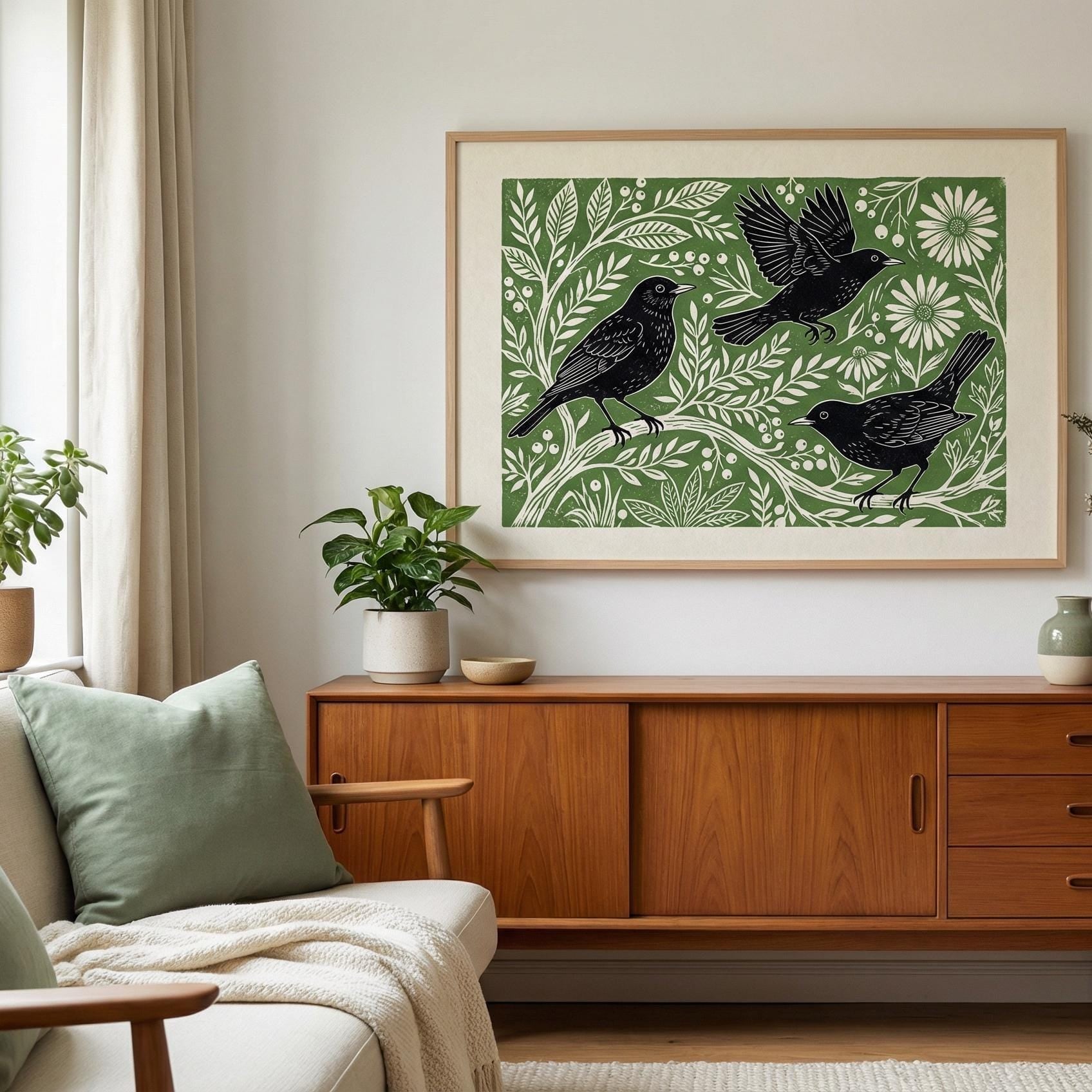 Black Birds Wall Art Print: Green Minimalist Home Decor