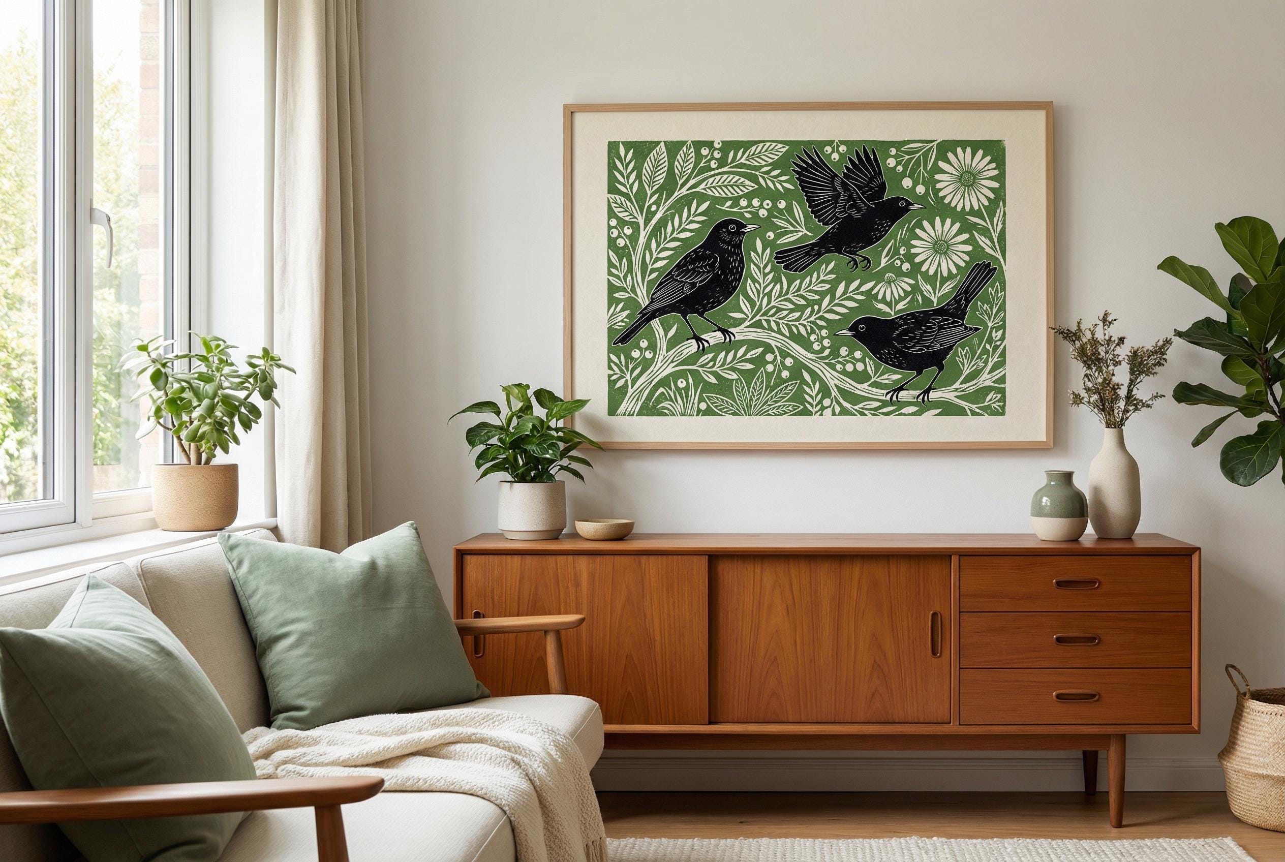 Black Birds Wall Art Print: Green Minimalist Home Decor