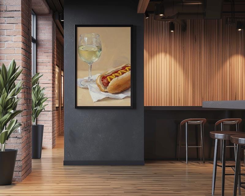 Hot Dog and Wine Wall Art: Funny Food Painting - Kitchen Decor