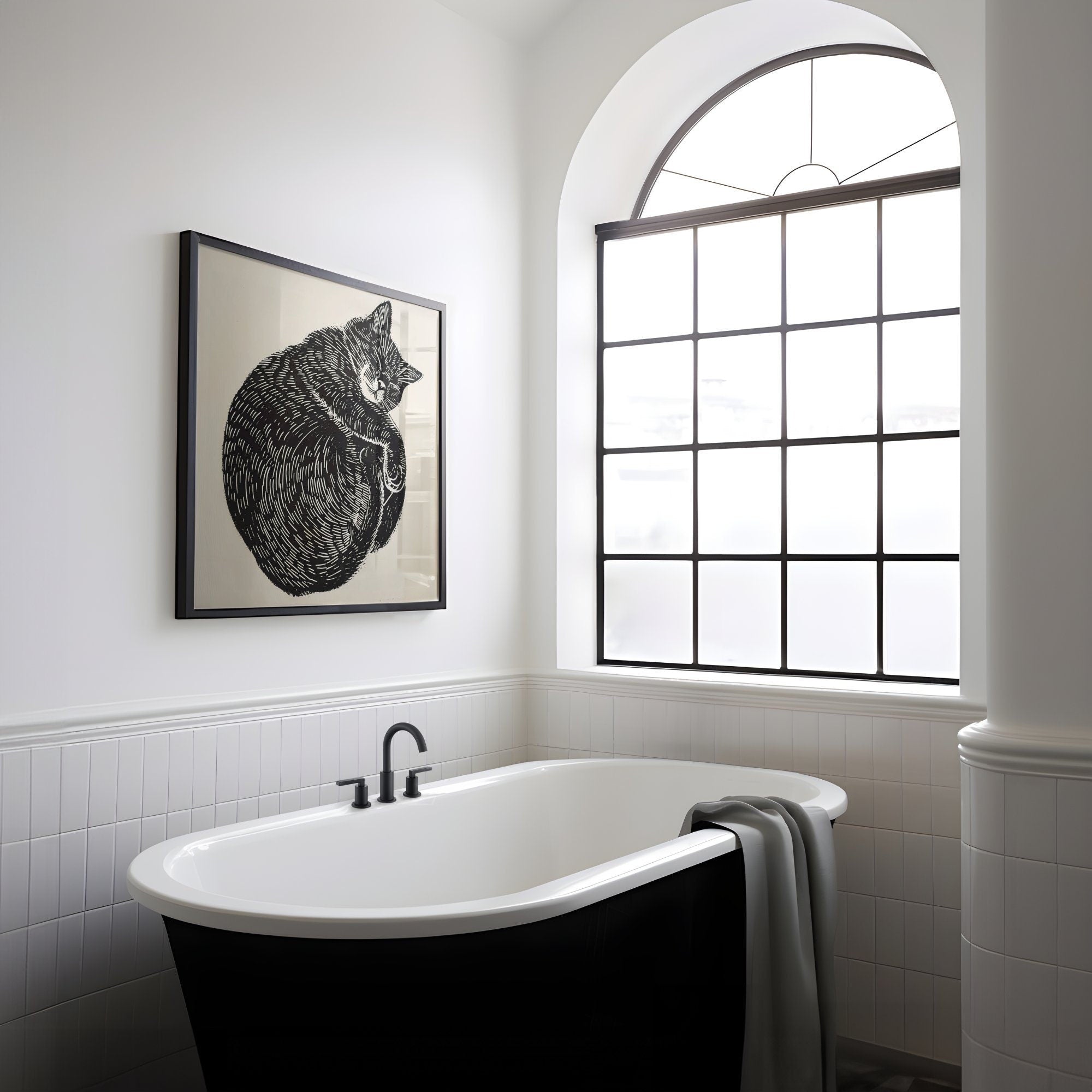 Peaceful Cat Nap: Whimsical Linocut Art Print | Cozy & Serene Wall Decor for Cat Lovers