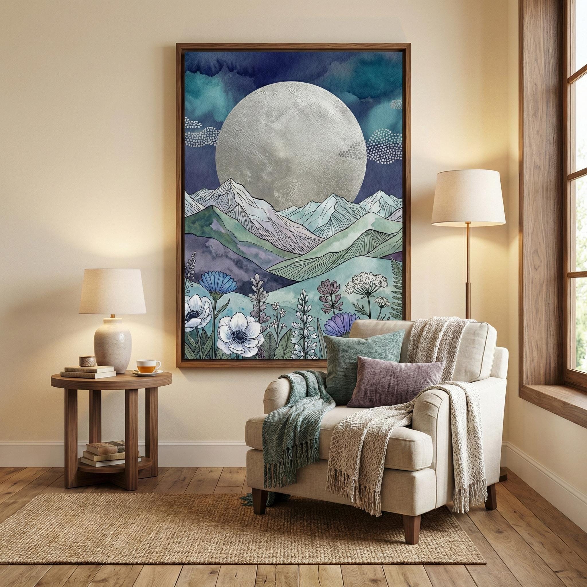 Stag Nature Illustration: Purple Night Sky and Wildflowers (Framed or Canvas)