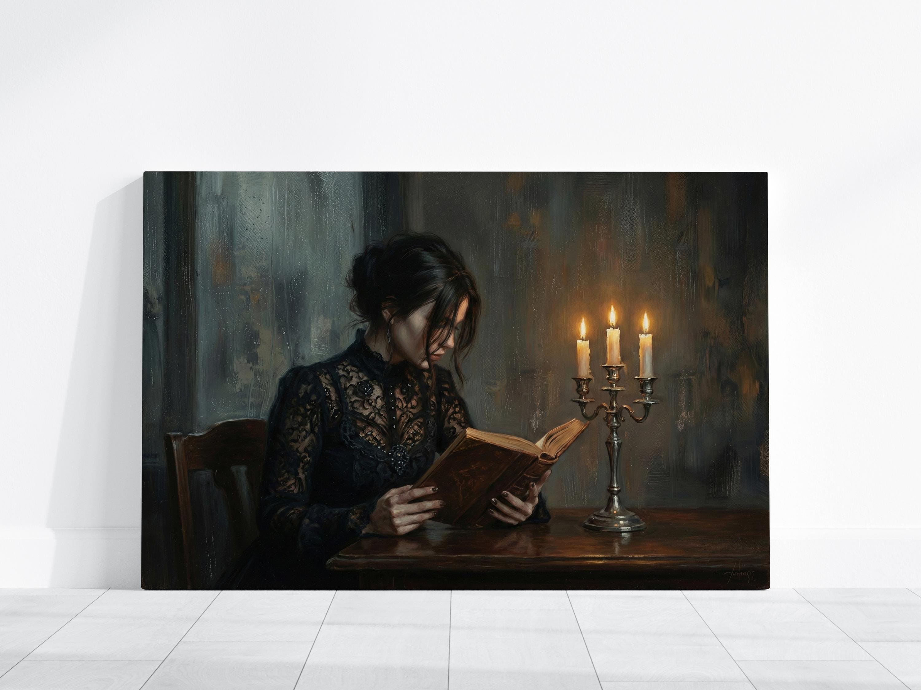 Moody Woman Reading Art - Dark Academia, Candlelit Gothic Scene