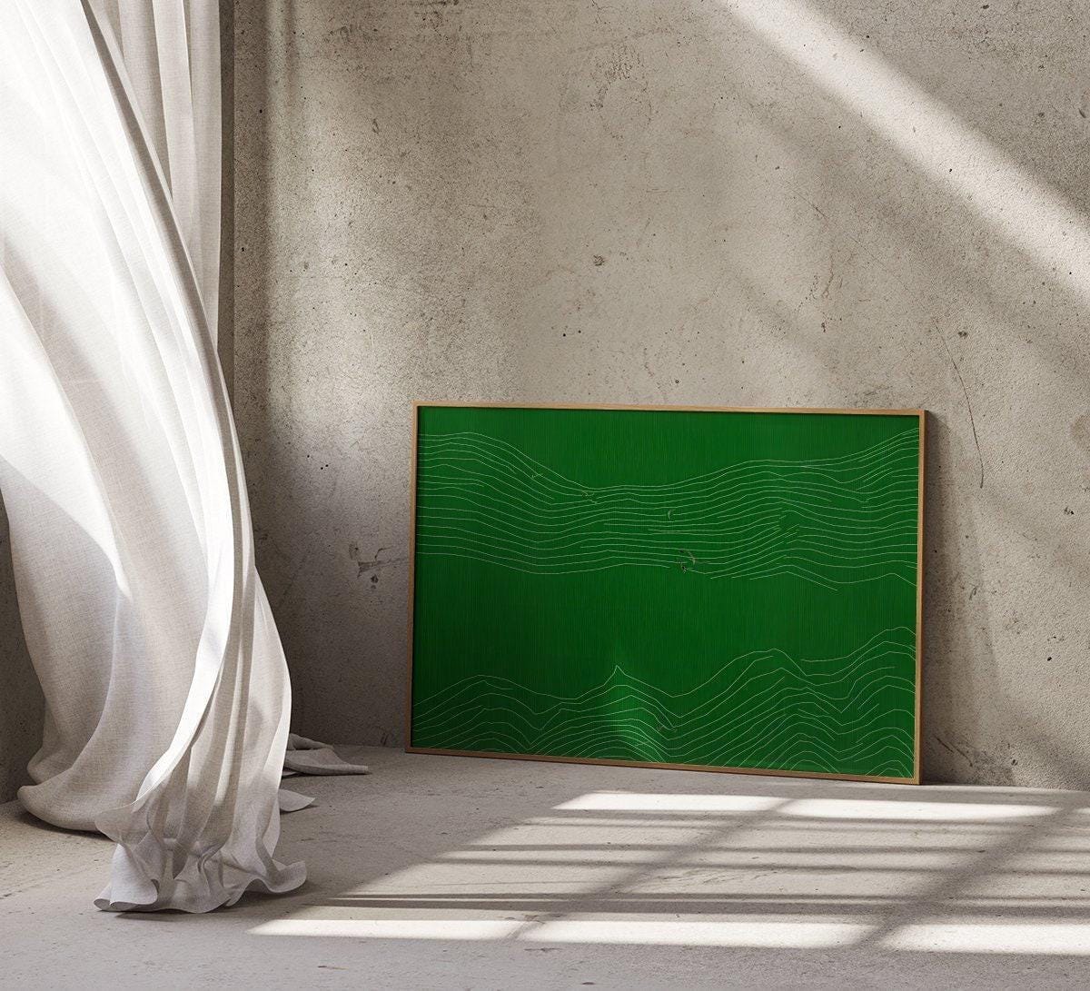 Zen Inspired Canvas Art, Minimalist Green Line Drawing (Ready to Hang)