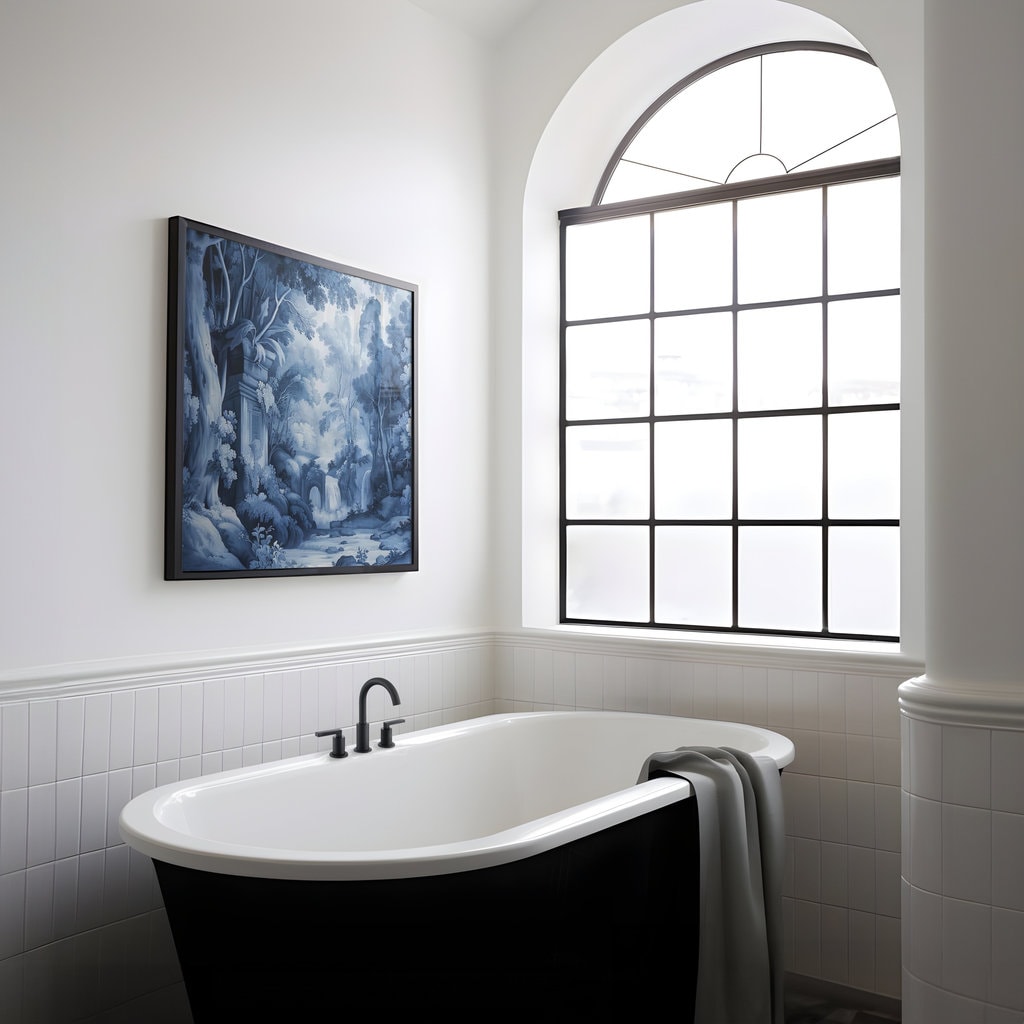 Ethereal Echoes: Blue Monochrome River & Ruins Landscape | Moody & Romantic Wall Art