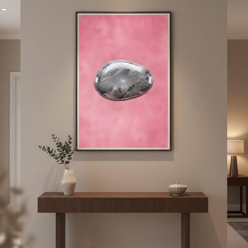 a wooden console table with a vase of greenery and a small bowl on it, set against a pink wall with a framed artwork of a stone or gemstone hanging above it.