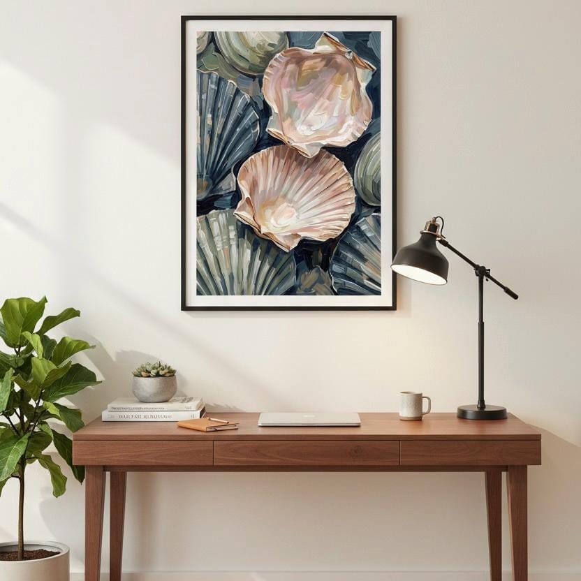 a wooden desk with a laptop, a lamp, and a plant, all set against a white wall. Above the desk, there is a framed picture of seashells hanging on the wall.
