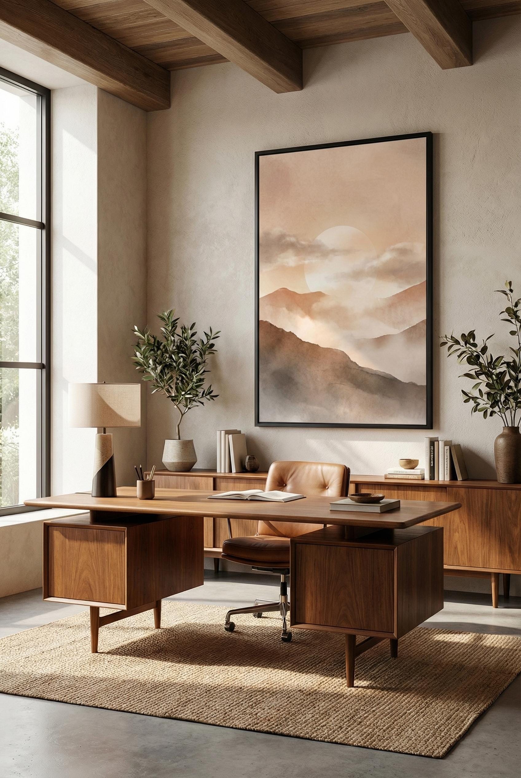 Moonlit Mountain Wall Art Print: Cloudy Sky, Orange Sunset