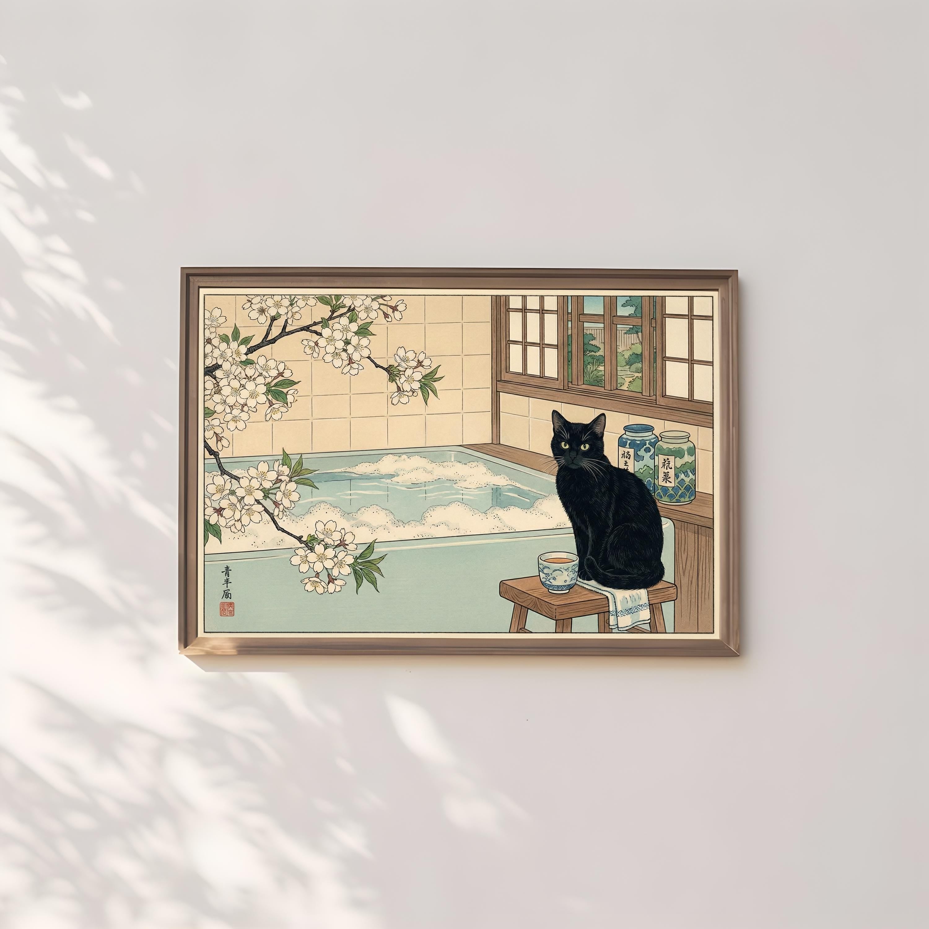 Ukiyo-e Black Cat Wall Art - Japanese Onsen Bathhouse Scene