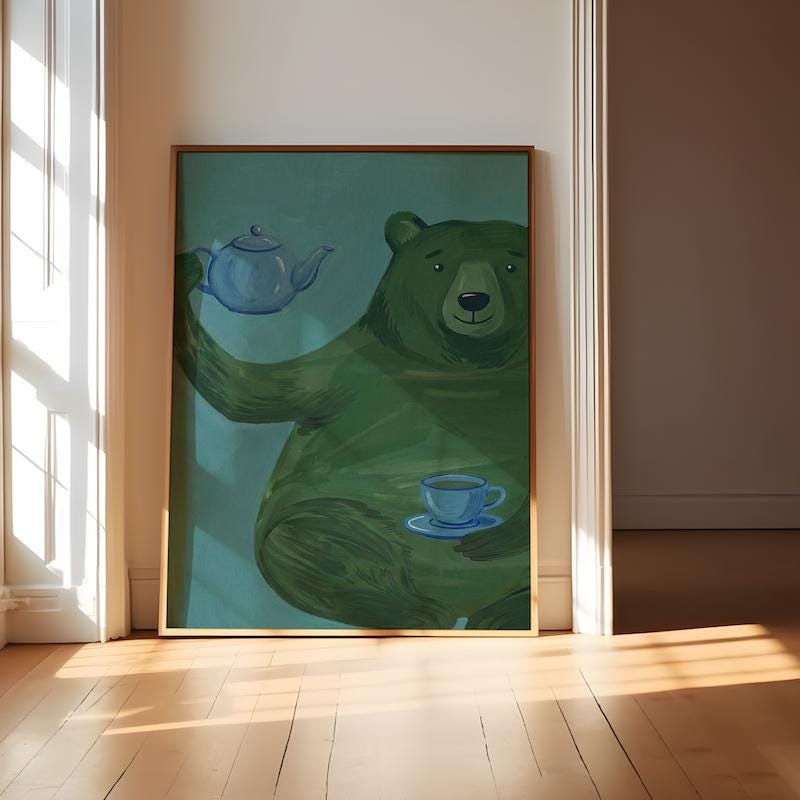 Whimsical Green Bear Wall Art - Playful Tea Party Illustration
