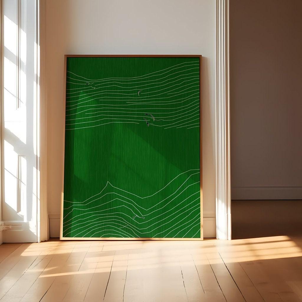Zen Inspired Canvas Art, Minimalist Green Line Drawing (Ready to Hang)