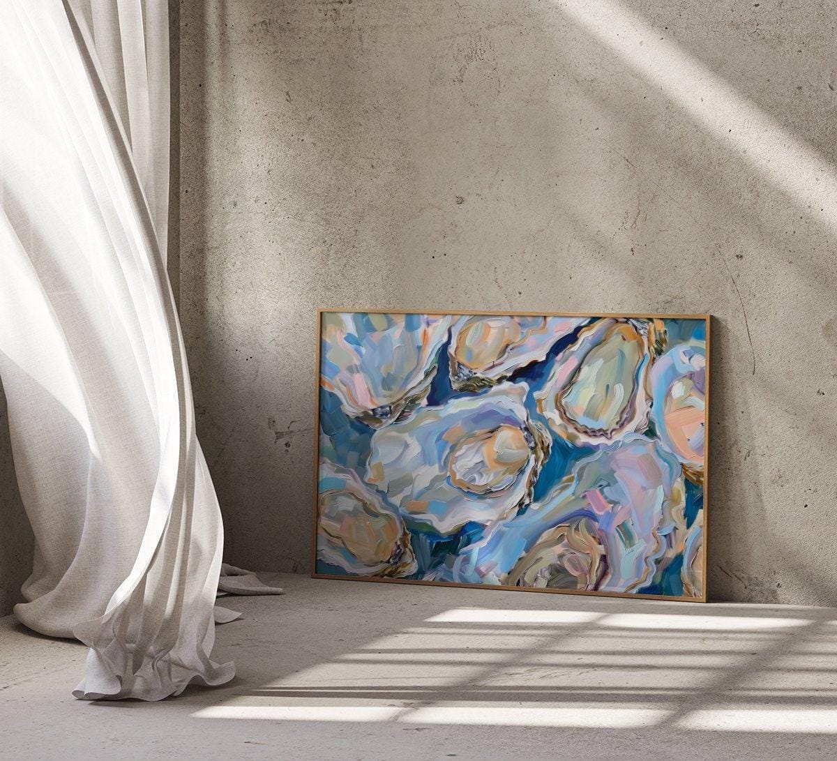 Oyster Delight Coastal Painting, Vibrant Blue (Canvas or Matte Print)